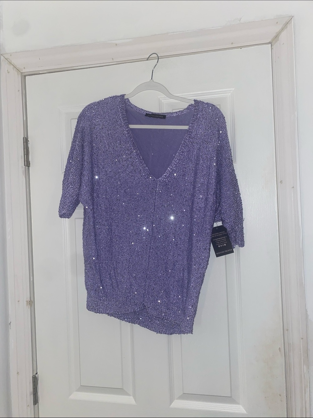 Boston Proper Lavender Sequin V-Neck Pullover